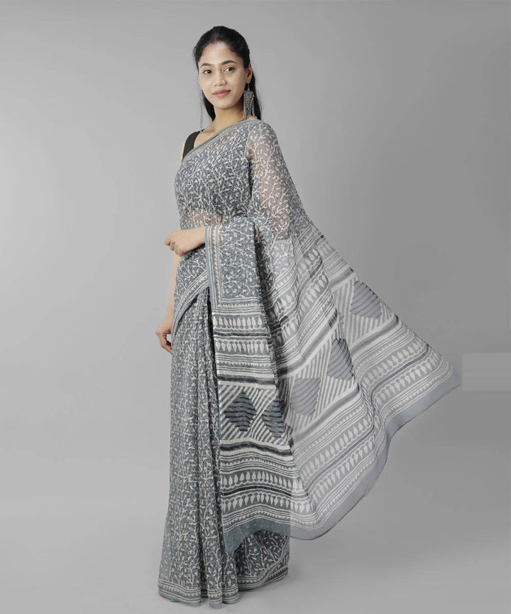 Grey bagru handblock printed cotton saree