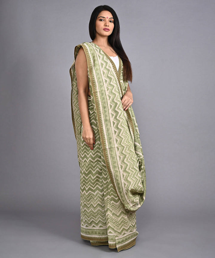 Green cotton silk hand block printed saree with matching blouse