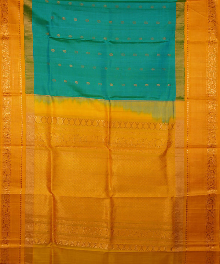 Cyan green yellow handwoven silk gadwal saree