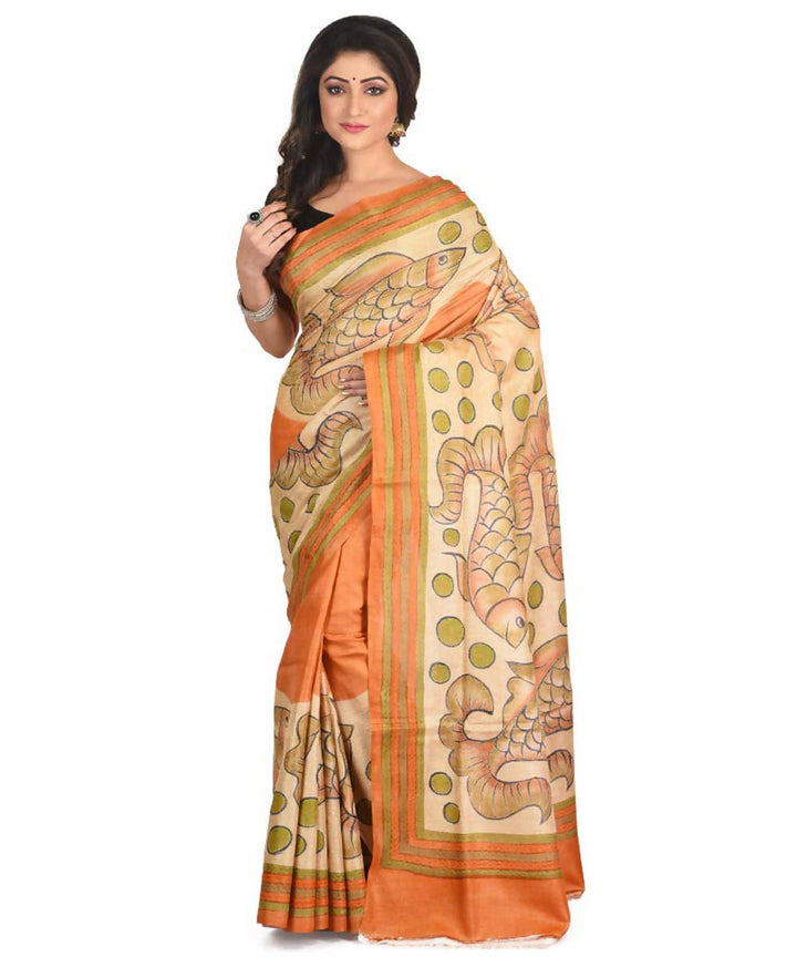 Orange exclusive bengal tasar saree with hand embroidery work