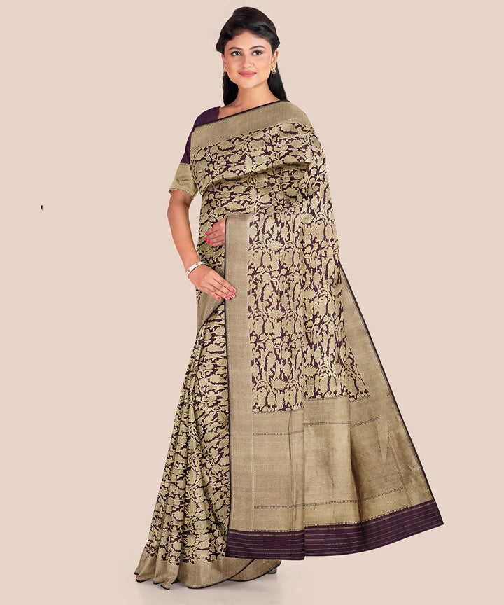 Dark maroon cream handwoven silk banarasi saree