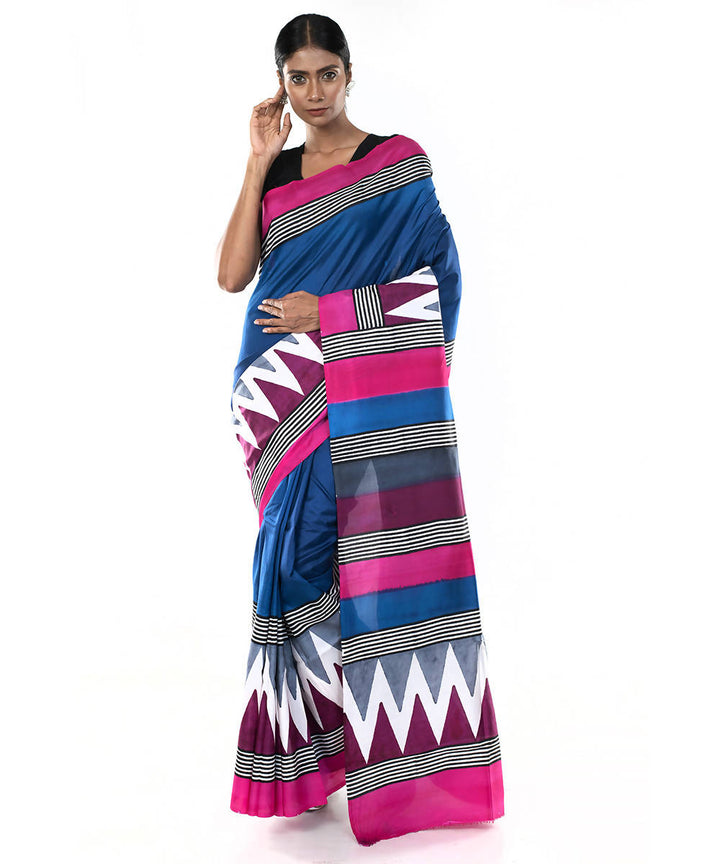 Navy and pink hand block print bengal silk saree