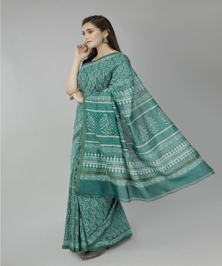 Teal green bagru handblock printed cotton silk saree