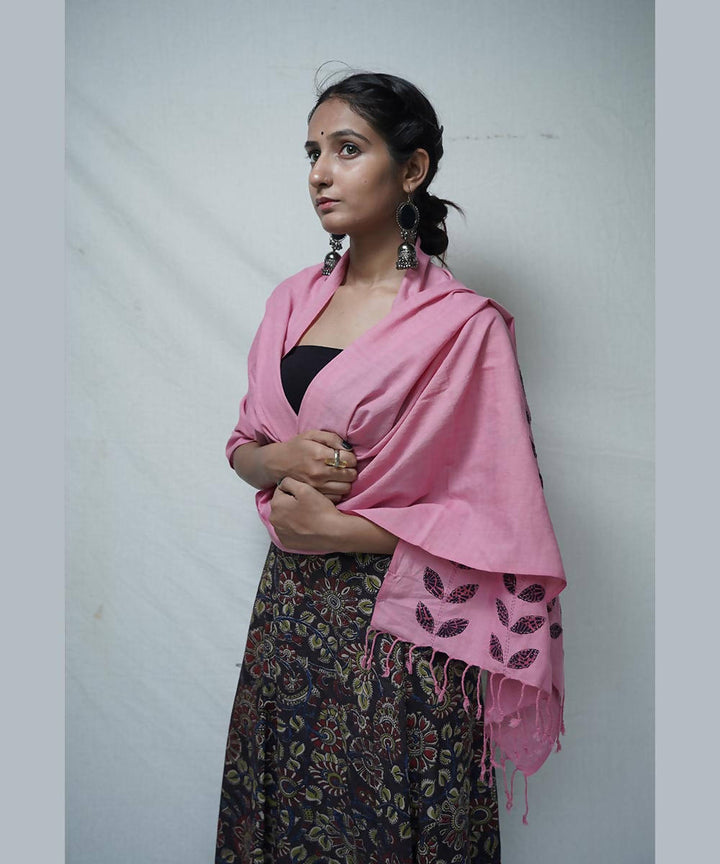 Pink with hand crafted leaf motif cotton stole