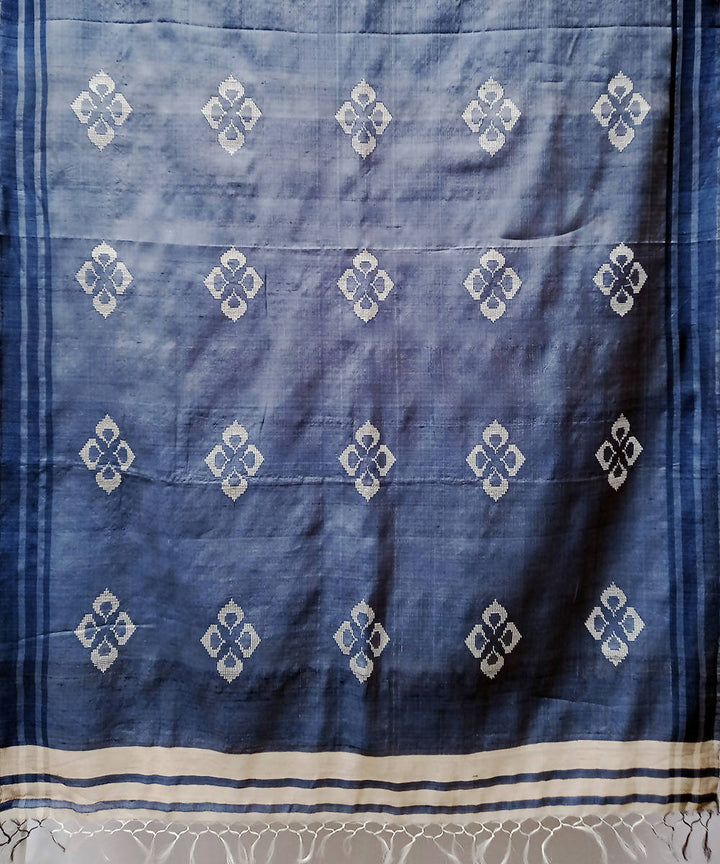 Blue beige handwoven mulberry silk baavanbuti saree