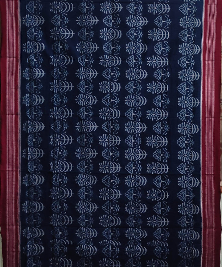 Navy blue and maroon cotton handwoven sambalpuri saree