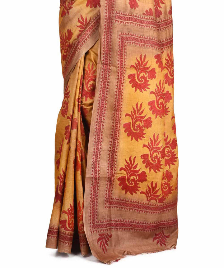 Yellow exclusive bengal tasar saree with hand embroidery work