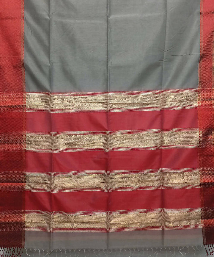Grey and red handloom cotton silk maheshwari saree