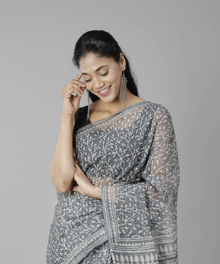 Grey bagru handblock printed cotton saree