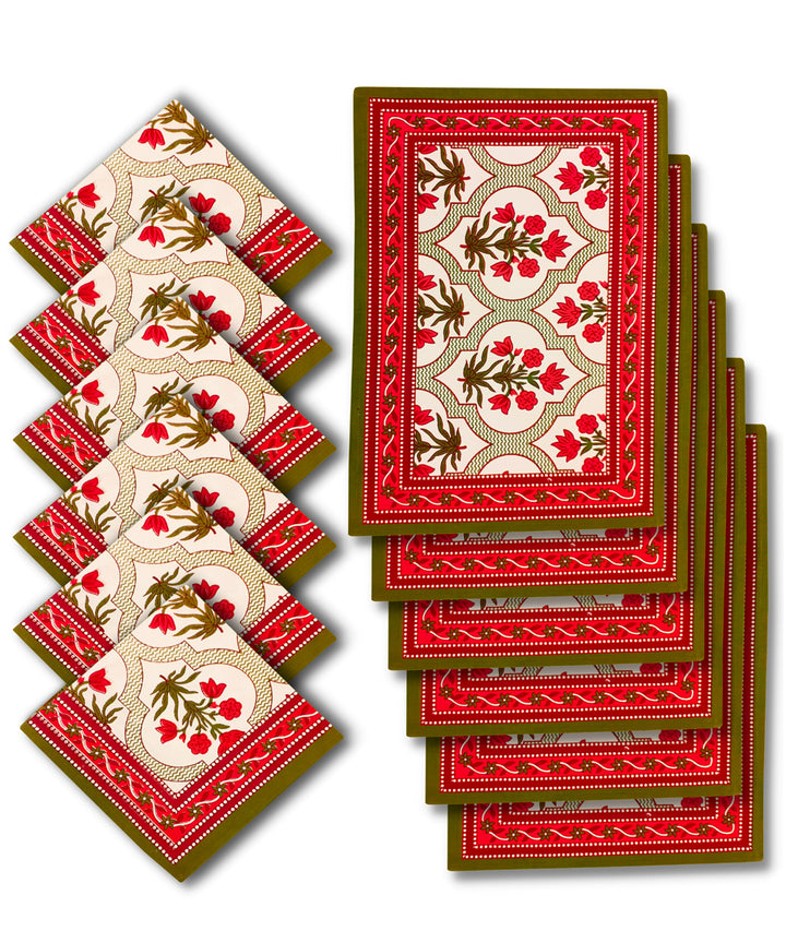 Red hand block printed cotton table mat with napkin (Set of 6)
