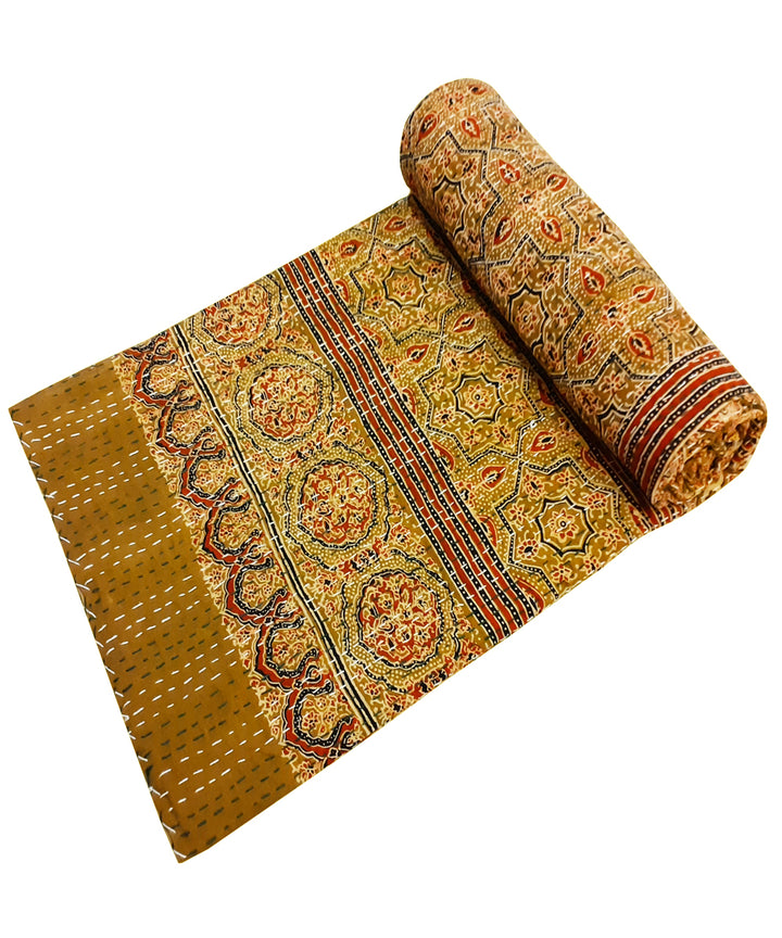 Ajrakh print kantha work double layer cotton bedcover (Single Bed)