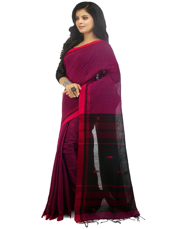 Pink and black handwoven cotton bengal saree