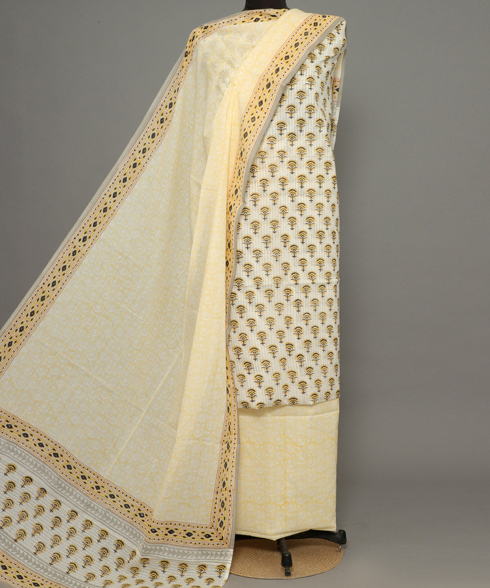 3pc Cream hand block print cotton bagru dress material
