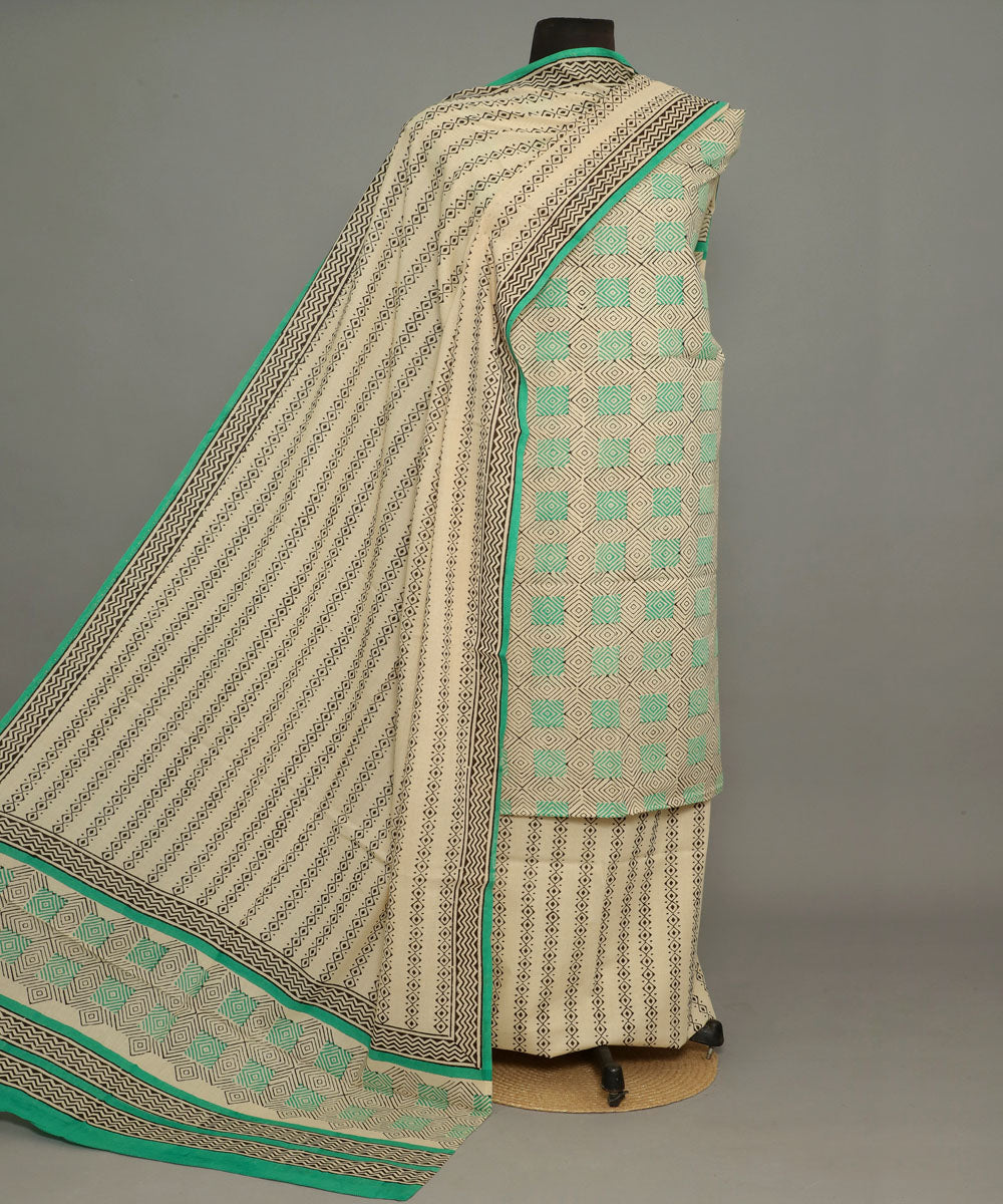 3pc Off white turquoise handblock print cotton bagru dress material