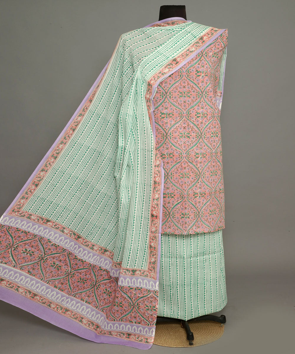 3pc Pink green handblock print cotton bagru dress material