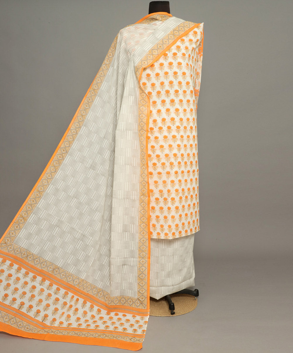 3pc Orange off white handblock print cotton bagru dress material