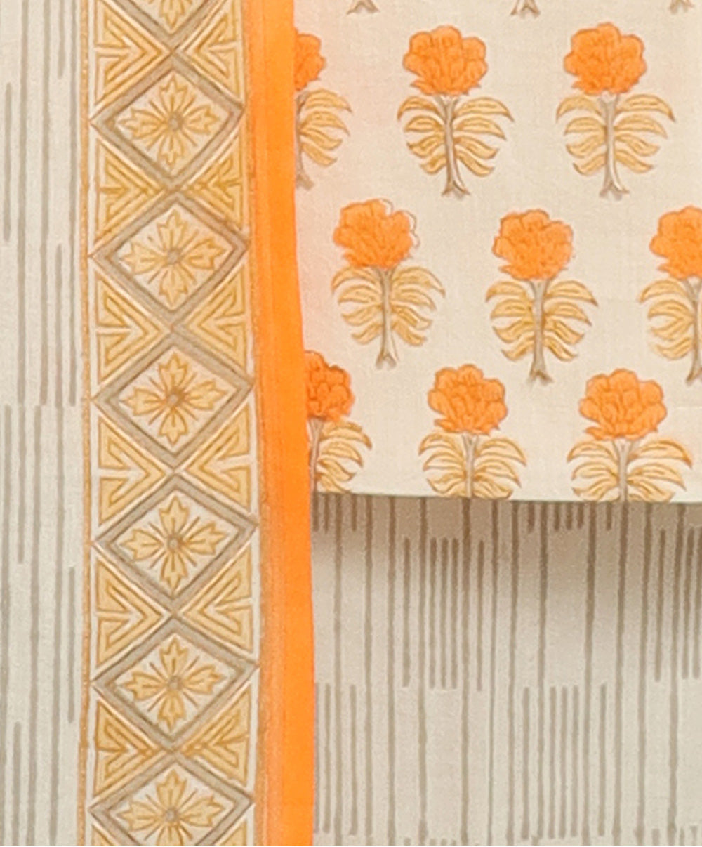 3pc Orange off white handblock print cotton bagru dress material