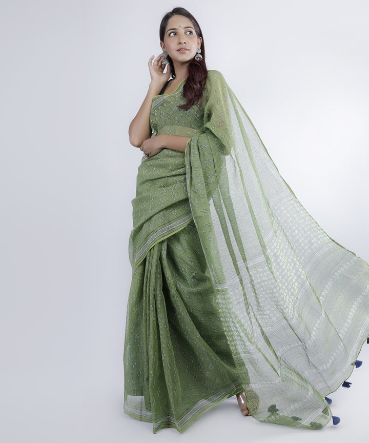 Olive green hand printed cotton kota doria saree