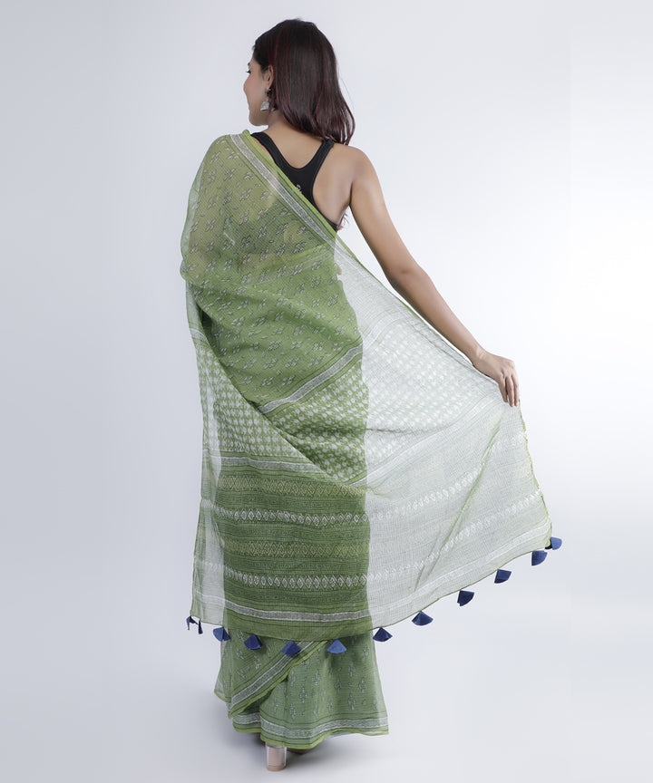 Olive green hand printed cotton kota doria saree