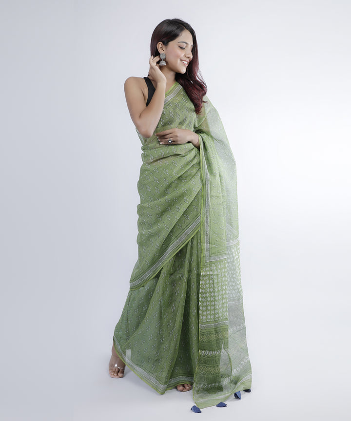 Olive green hand printed cotton kota doria saree