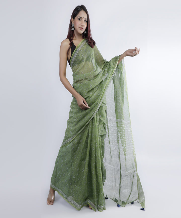 Olive green hand printed cotton kota doria saree