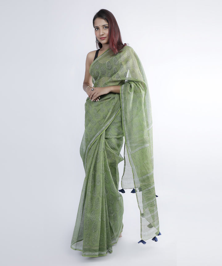 Olive green hand print cotton kota doria saree