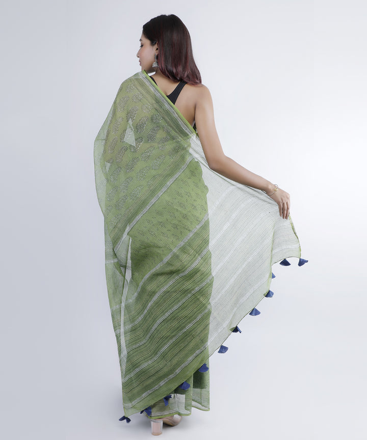 Olive green hand print cotton kota doria saree