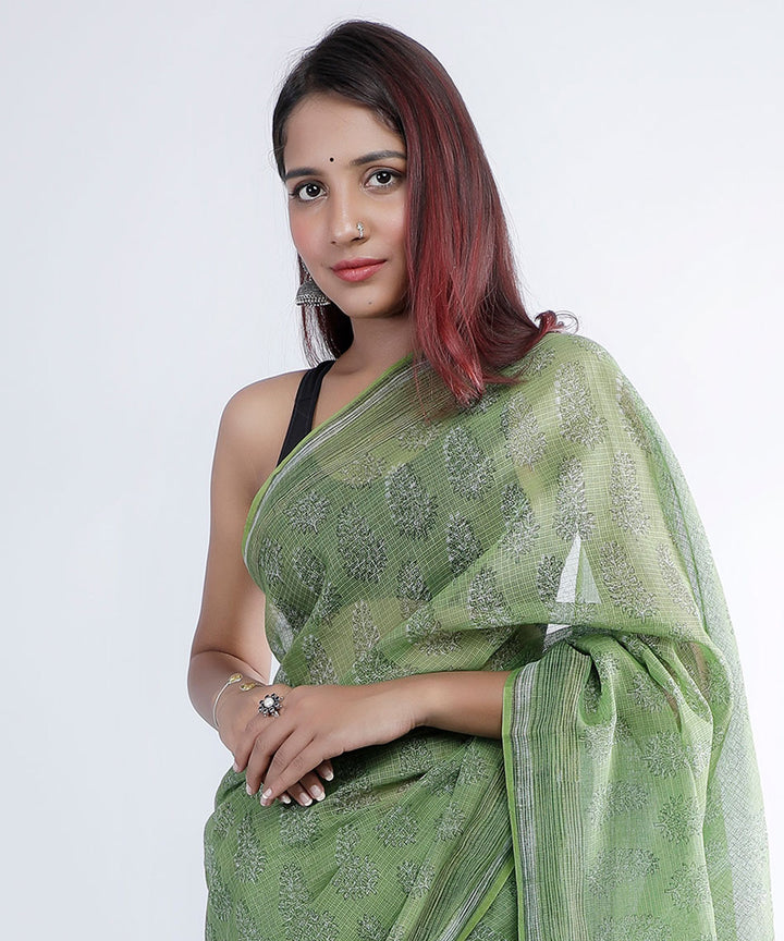 Olive green hand print cotton kota doria saree
