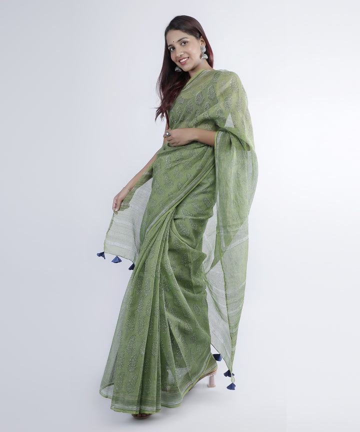 Olive green hand print cotton kota doria saree