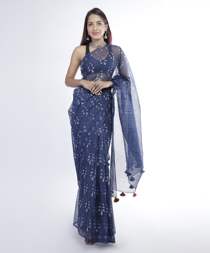 Indigo hand printed cotton kota doria saree