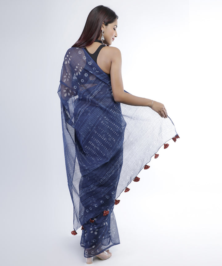 Indigo hand printed cotton kota doria saree