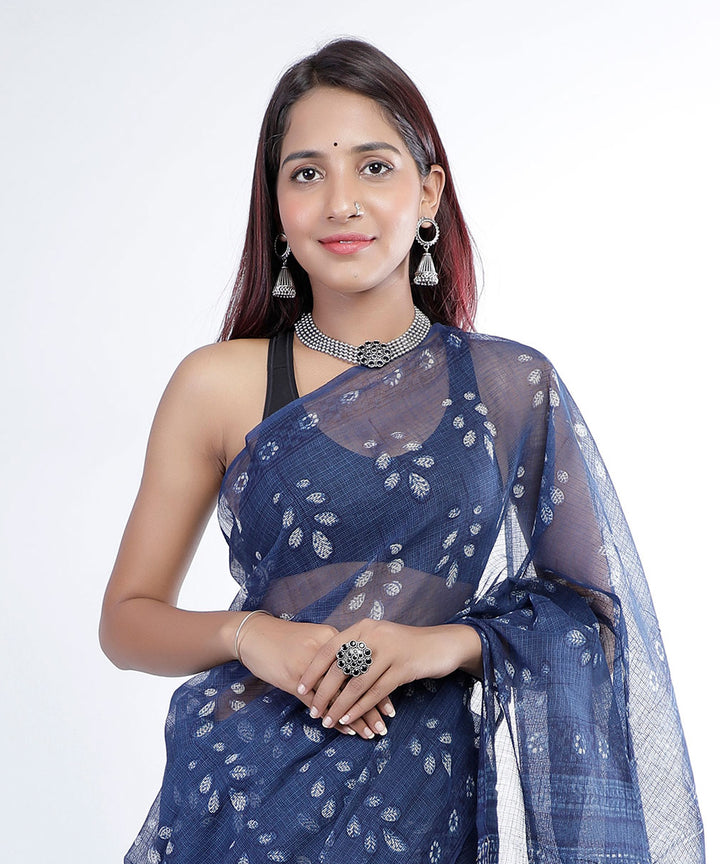 Indigo hand printed cotton kota doria saree