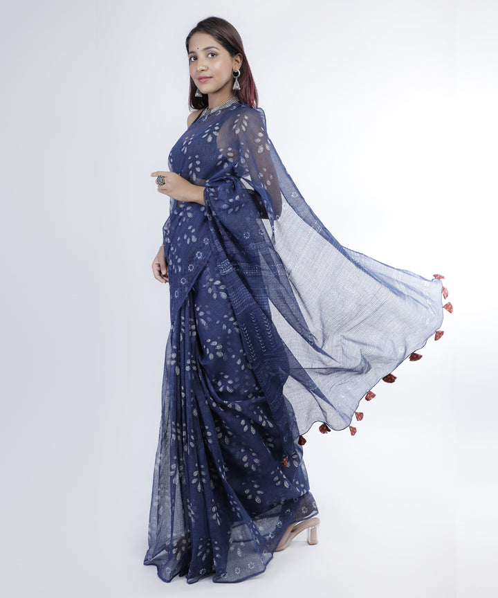 Indigo hand printed cotton kota doria saree