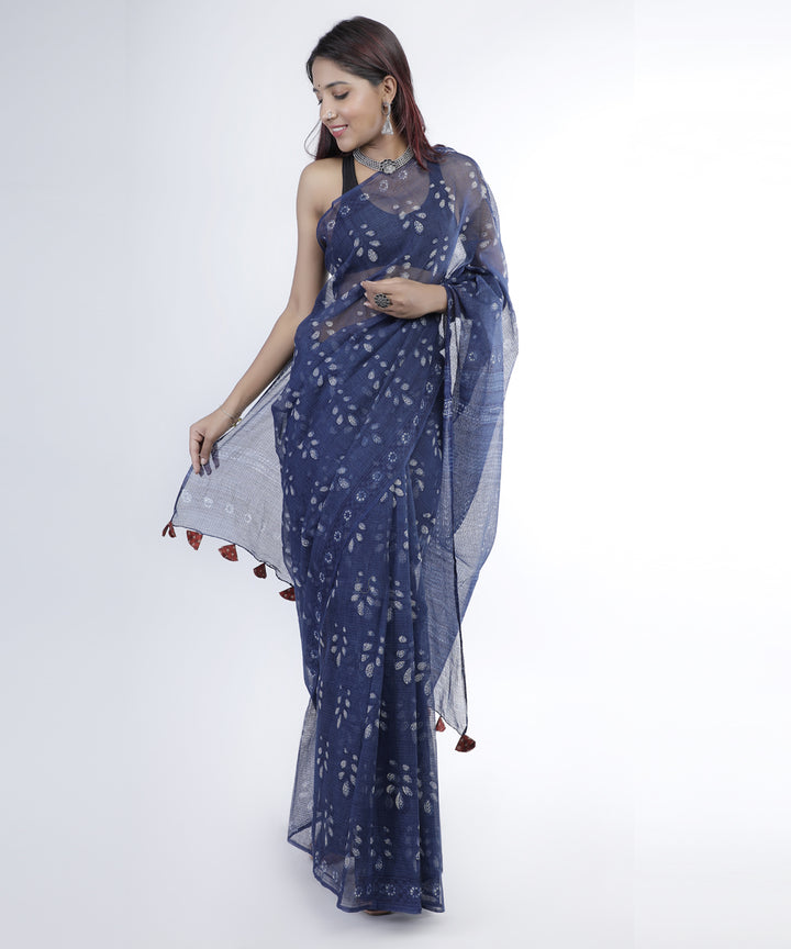Indigo hand printed cotton kota doria saree
