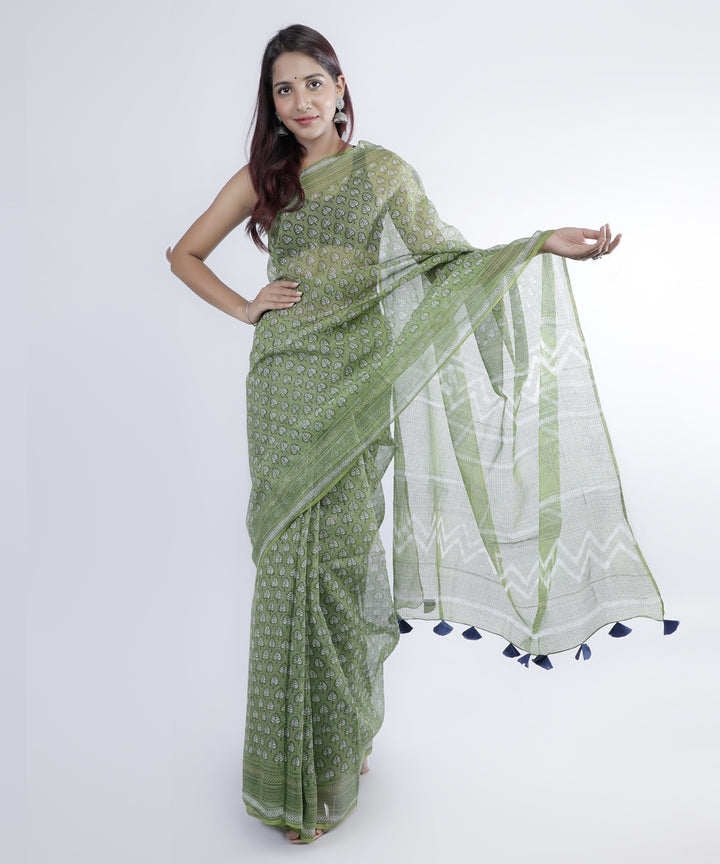 Dark olive green hand printed cotton kota doria saree