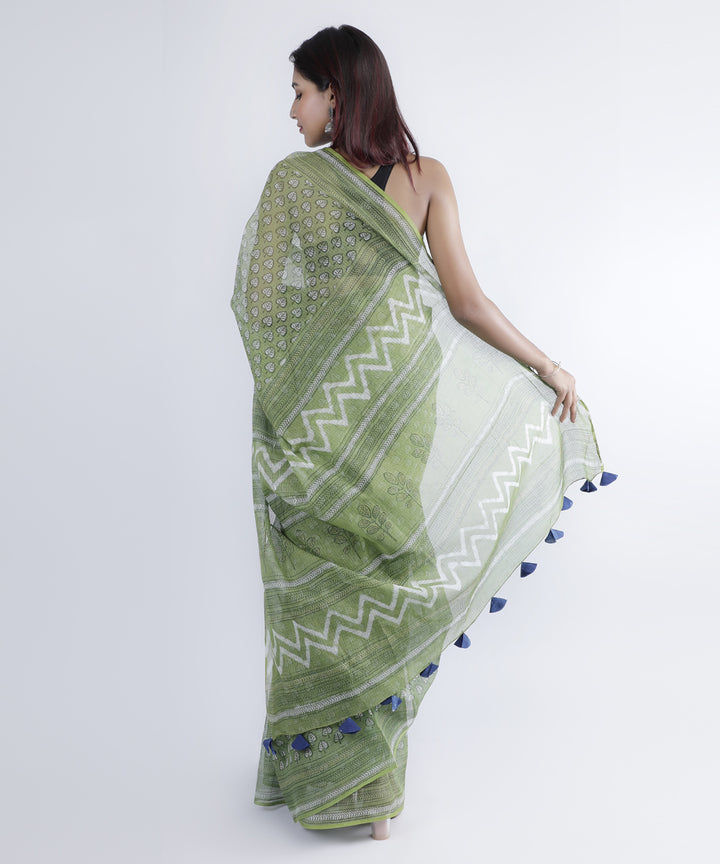 Dark olive green hand printed cotton kota doria saree