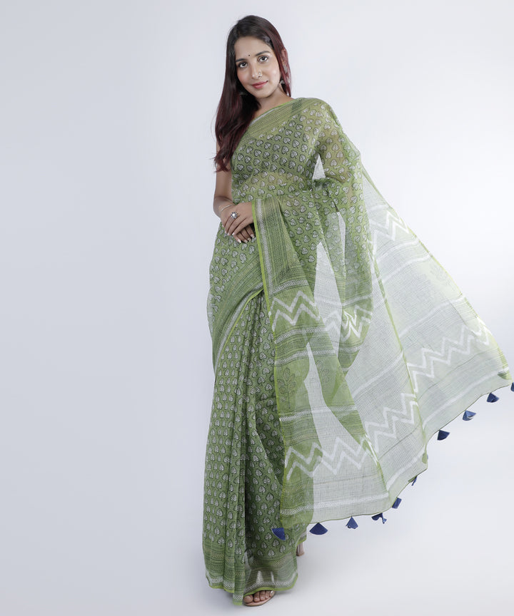 Dark olive green hand printed cotton kota doria saree
