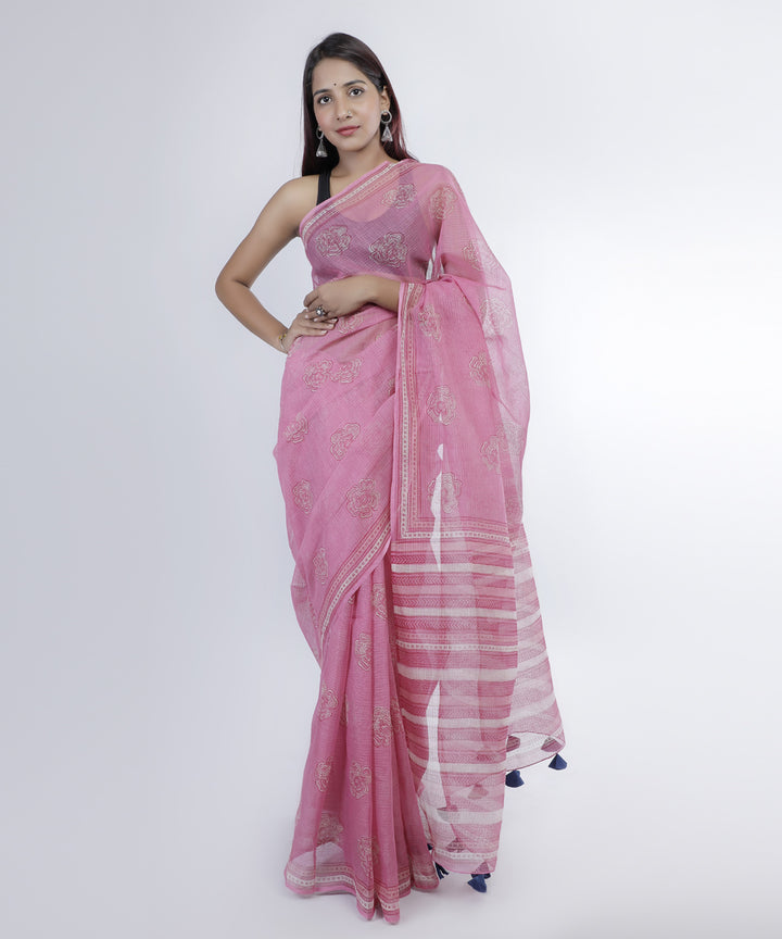 Pink hand print cotton kota doria saree