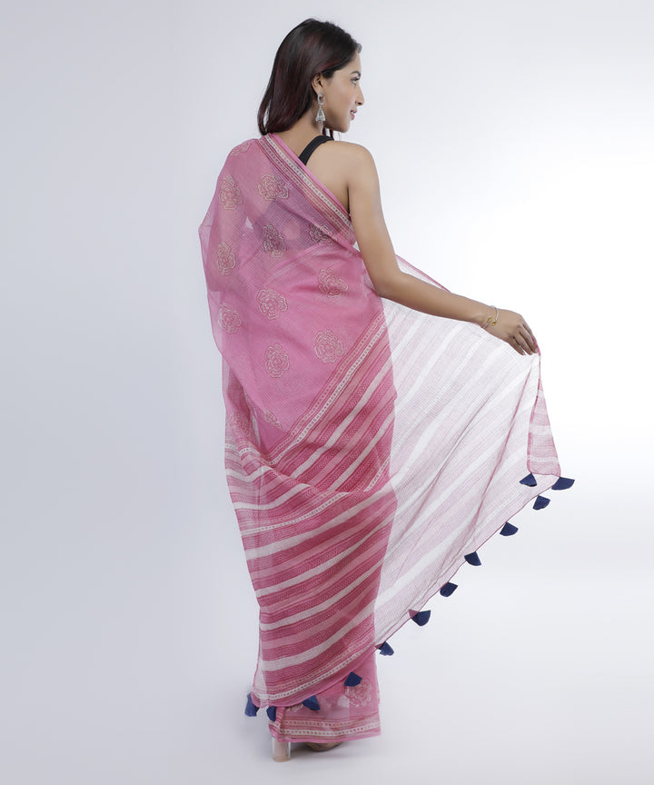 Pink hand print cotton kota doria saree