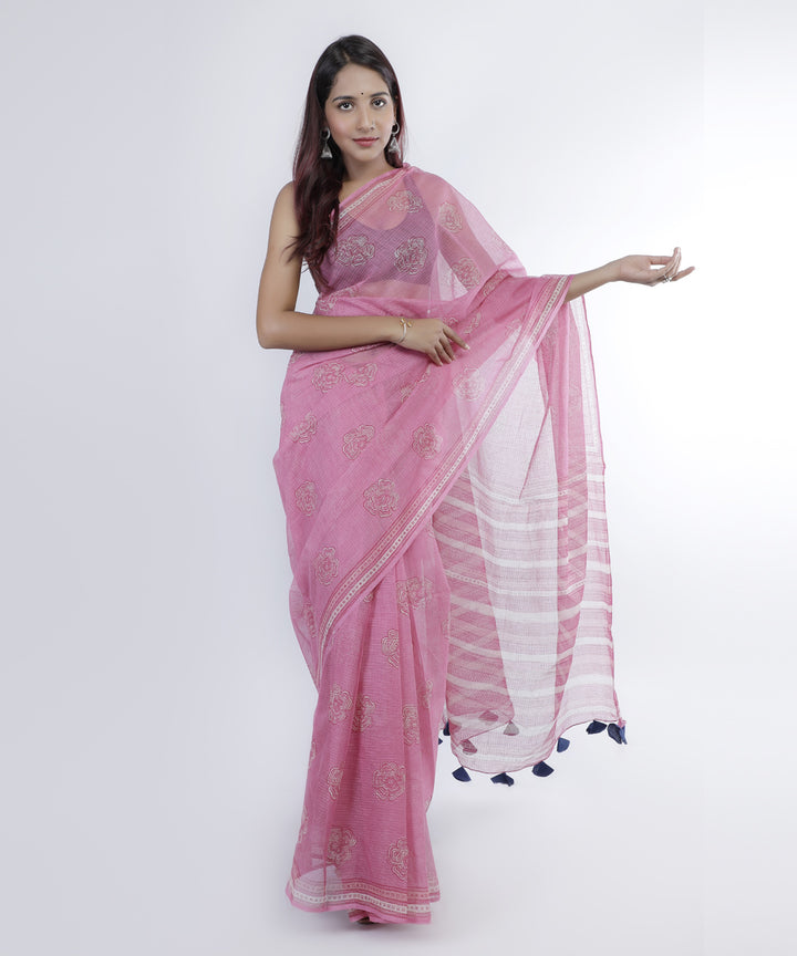 Pink hand print cotton kota doria saree