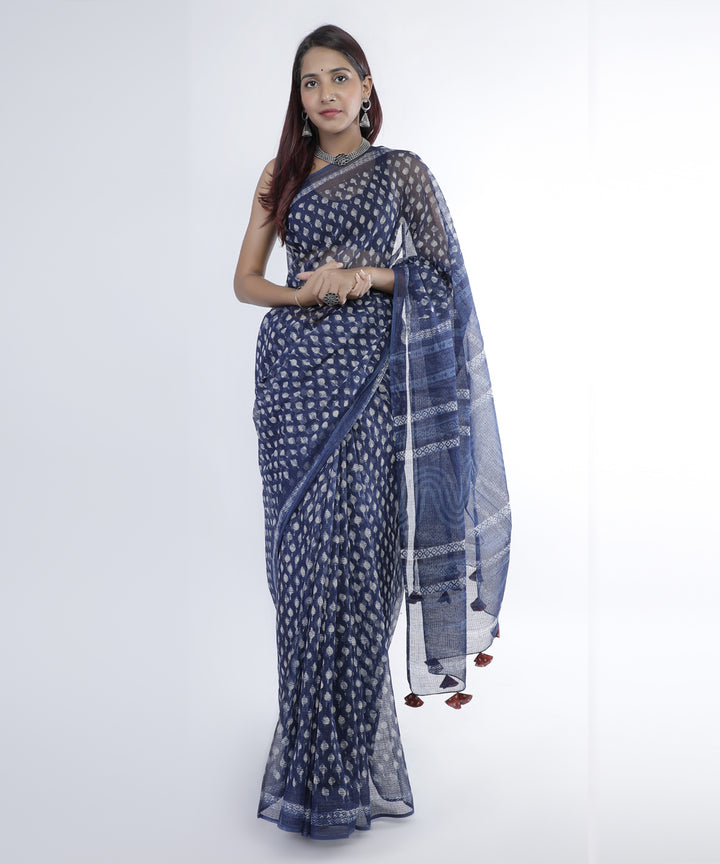 Indigo blue hand print cotton kota doria saree