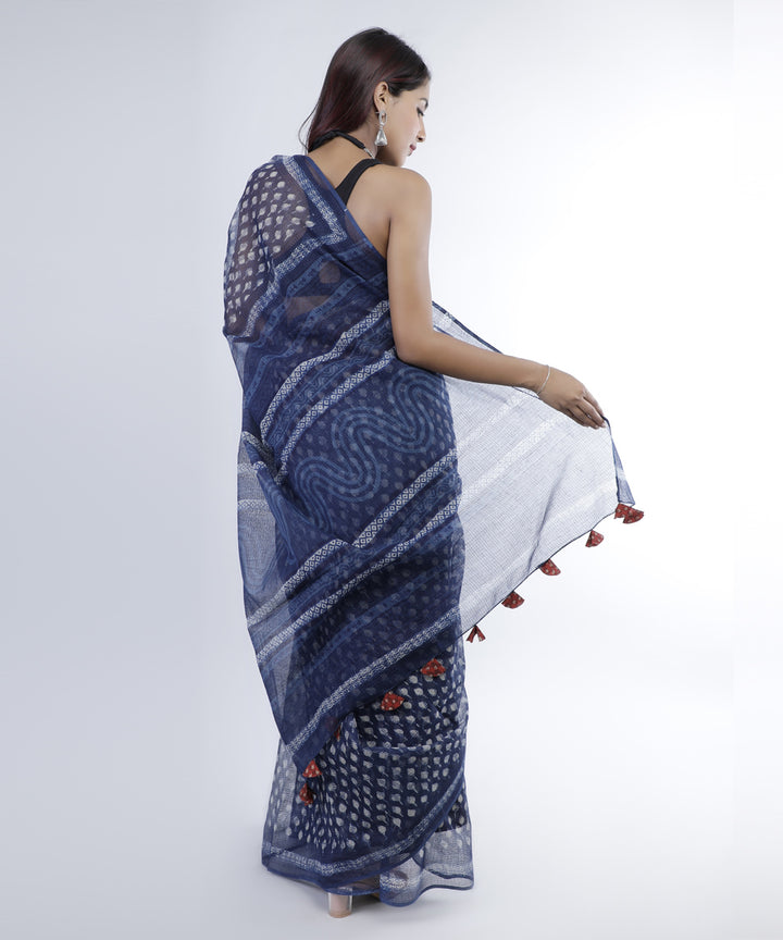 Indigo blue hand print cotton kota doria saree