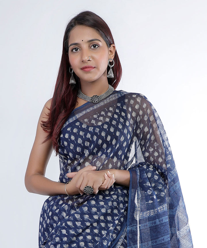 Indigo blue hand print cotton kota doria saree