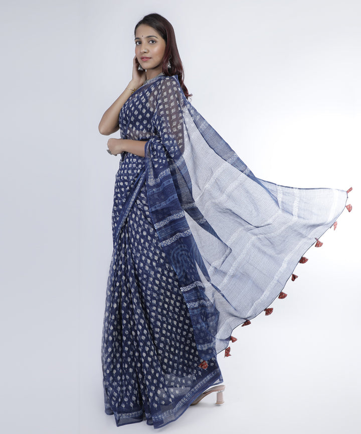Indigo blue hand print cotton kota doria saree