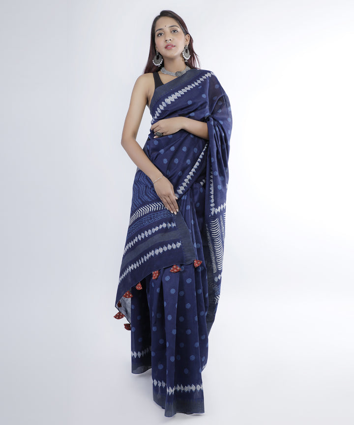 Indigo hand printed cotton silk chanderi saree