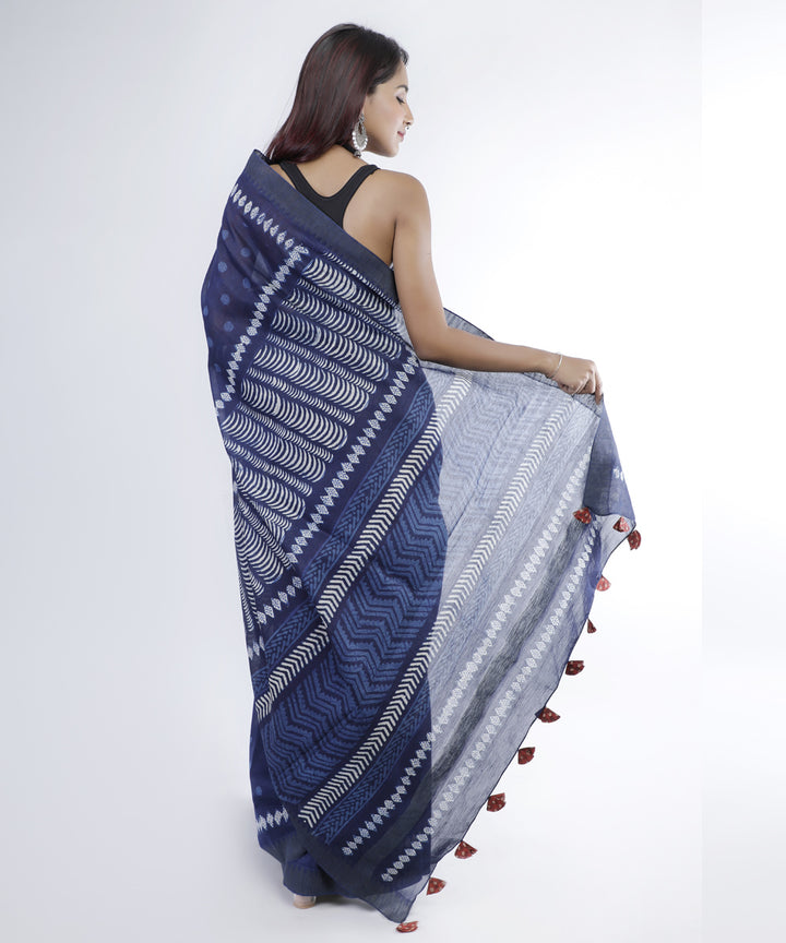 Indigo hand printed cotton silk chanderi saree