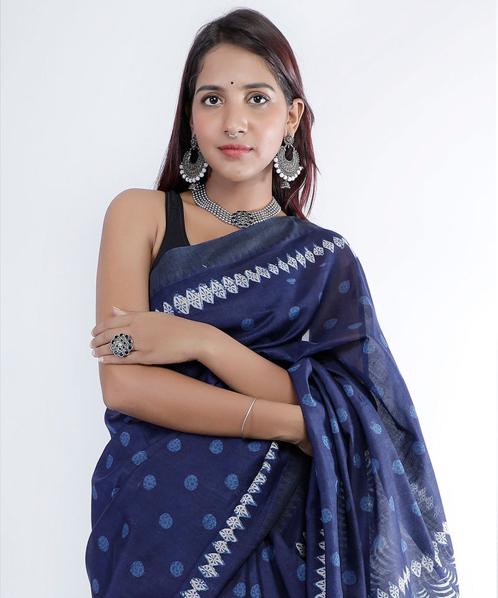 Indigo hand printed cotton silk chanderi saree