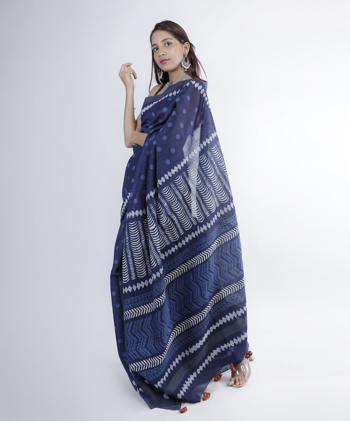 Indigo hand printed cotton silk chanderi saree