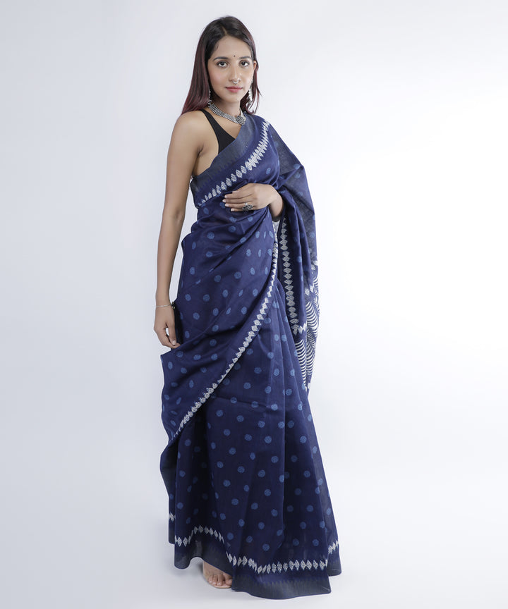 Indigo hand printed cotton silk chanderi saree
