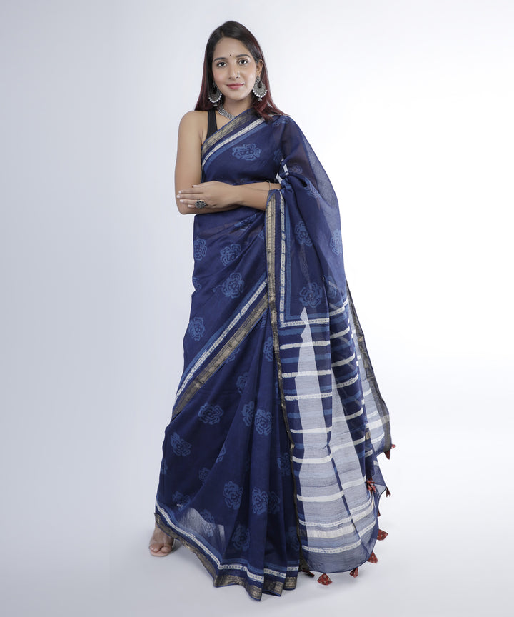 Indigo blue hand print cotton silk chanderi saree